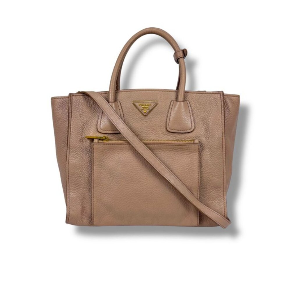 Prada 2-Way Tote Shoulder Bag Vittero Dino Leather Triangle Logo Pink Beige - Picture 14 of 14